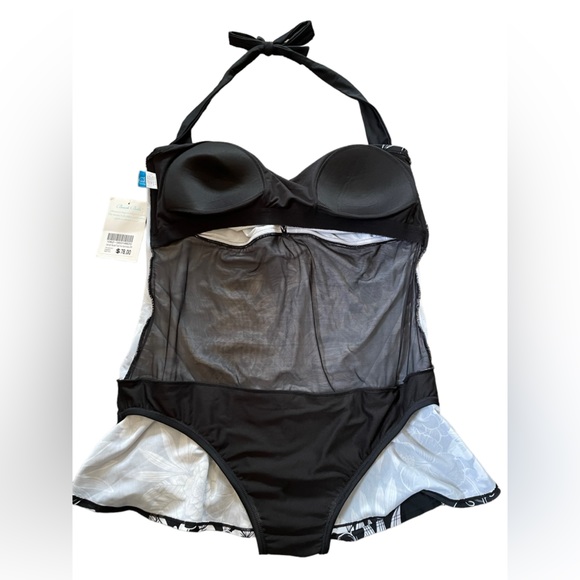 NEW Beach Belle Plus Size Black White Midnight Bouquet Twist Halter Swim Dress - Picture 5 of 9